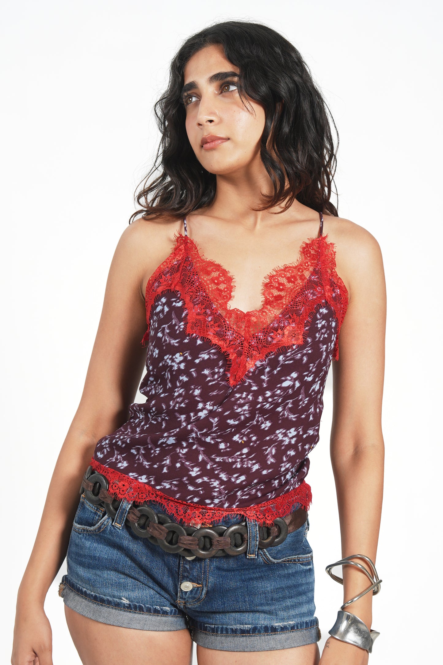 RED LACEY PRINTED TOP
