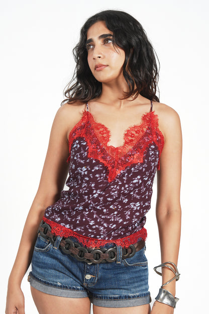 RED LACEY PRINTED TOP
