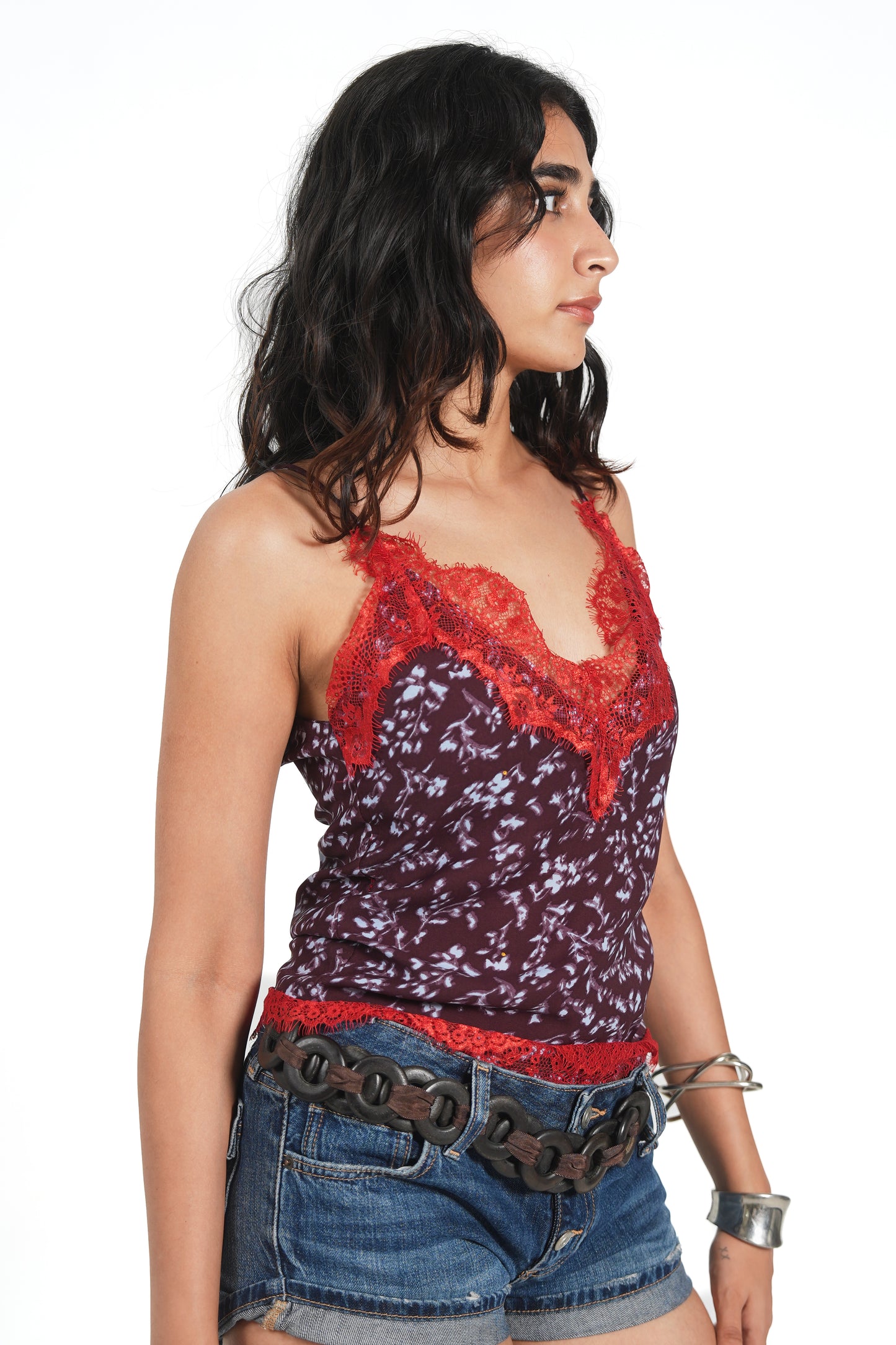RED LACEY PRINTED TOP