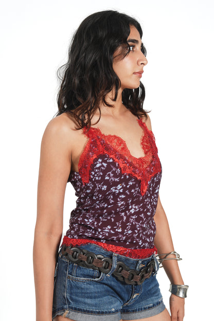 RED LACEY PRINTED TOP