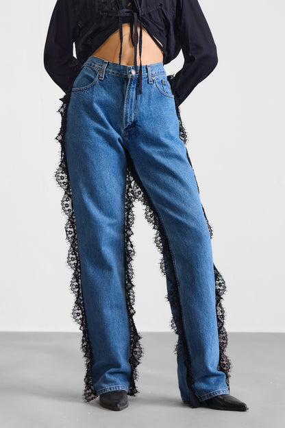 REWORKED HARLEY DENIMS W LACE DETAIL