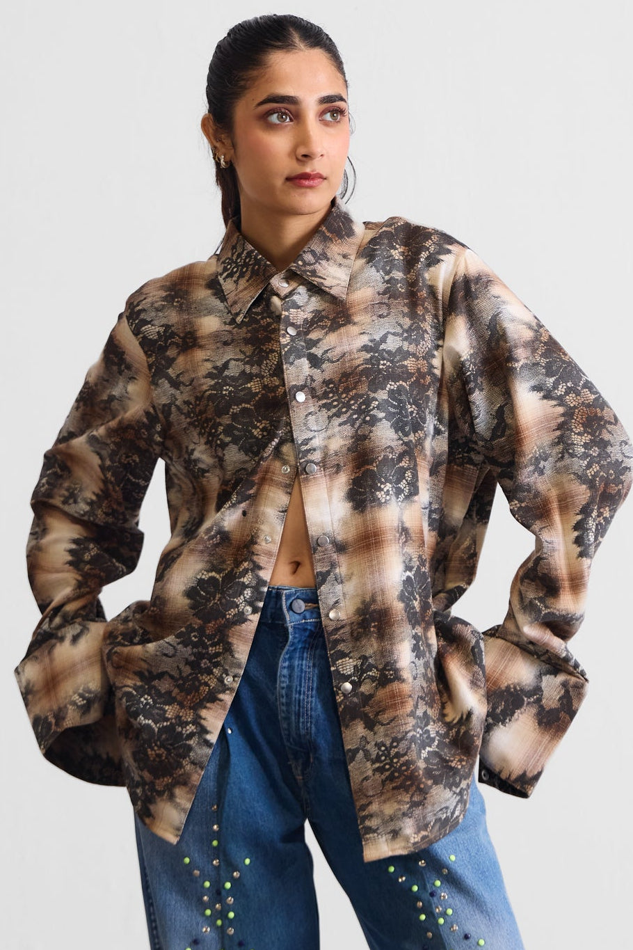 LACE ON PLAID OVER SHIRT