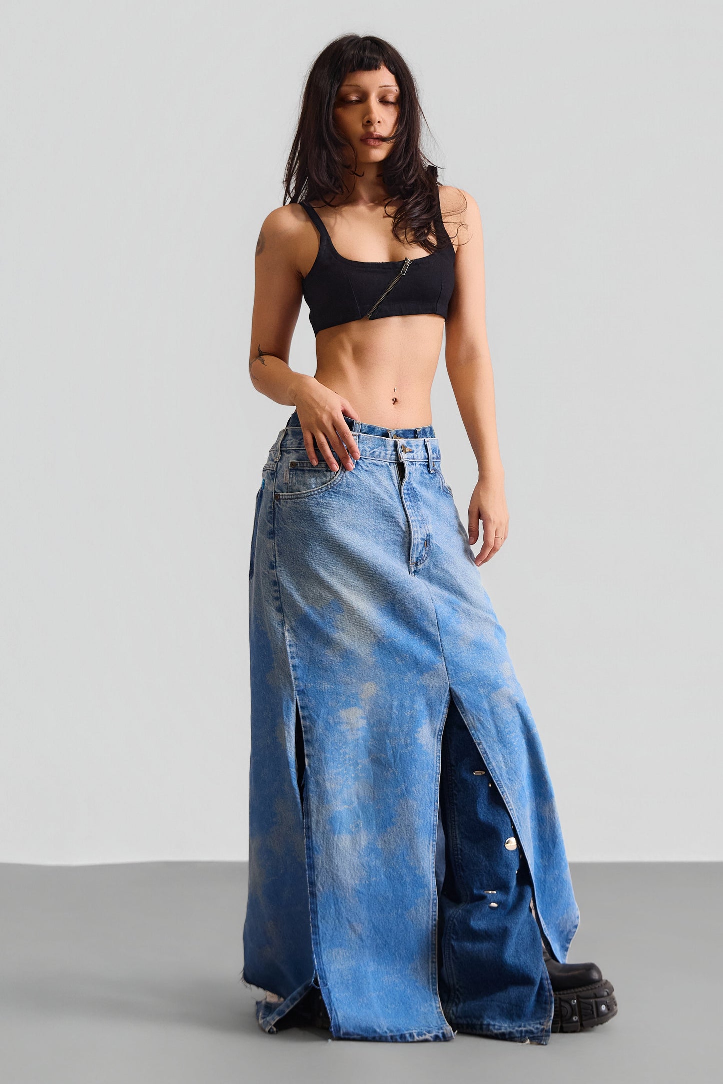 REWORKED LAYER PRINTED DENIM SKIRT