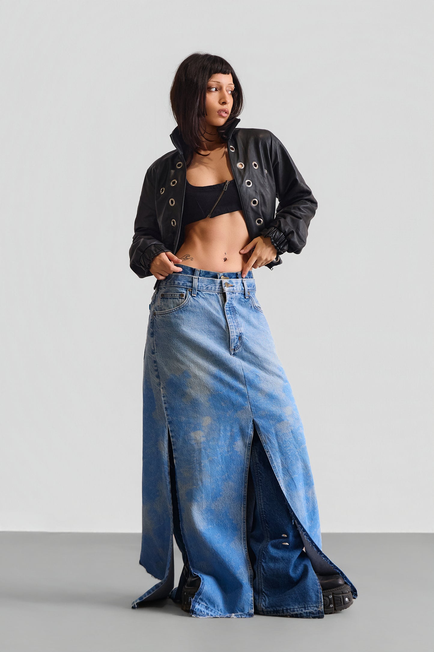 REWORKED LAYER PRINTED DENIM SKIRT